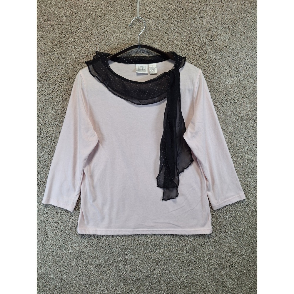 Jason Maxwell Top Women's M Pink Black Sheer Tulle Ribbon Round Neck Cute